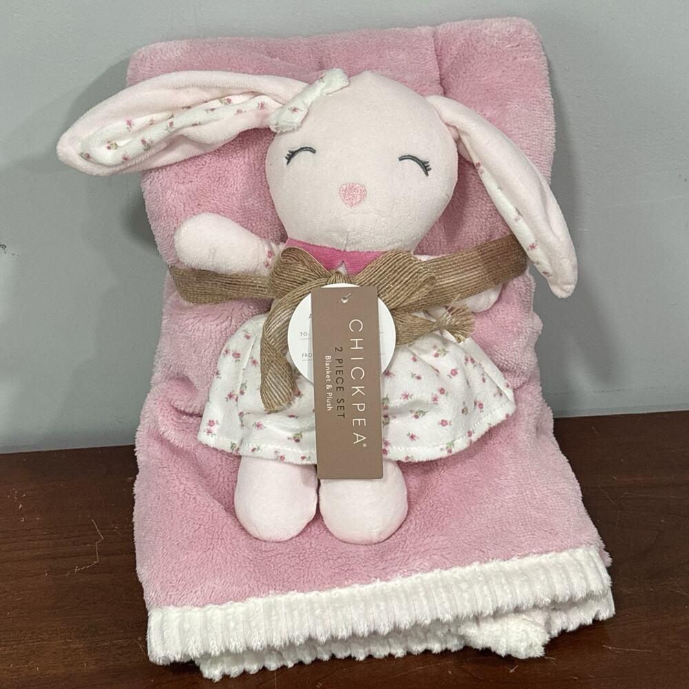 ChickPea Baby Blanket Bunny Pink Floral Flower Dress Lovey Plush Ribbed Trim New